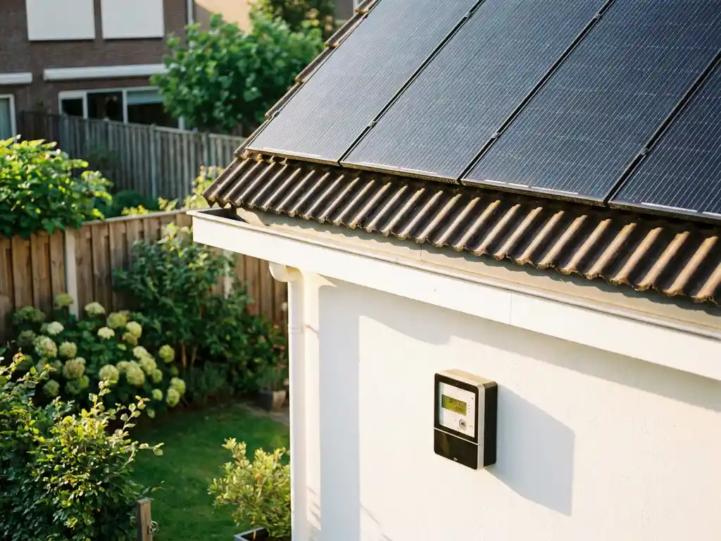 Zonnepanelen op Nederlands woonhuis met digitale energiemeter aan witte muur, groene tuin op de achtergrond.