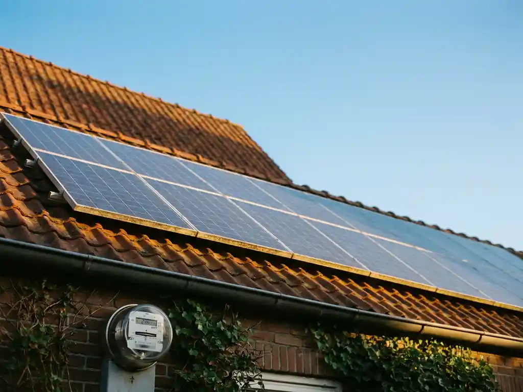 Zonnepanelen op Nederlands woonhuis met terracotta dakpannen en elektriciteitsmeter die teruglevering toont, blauwe lucht.