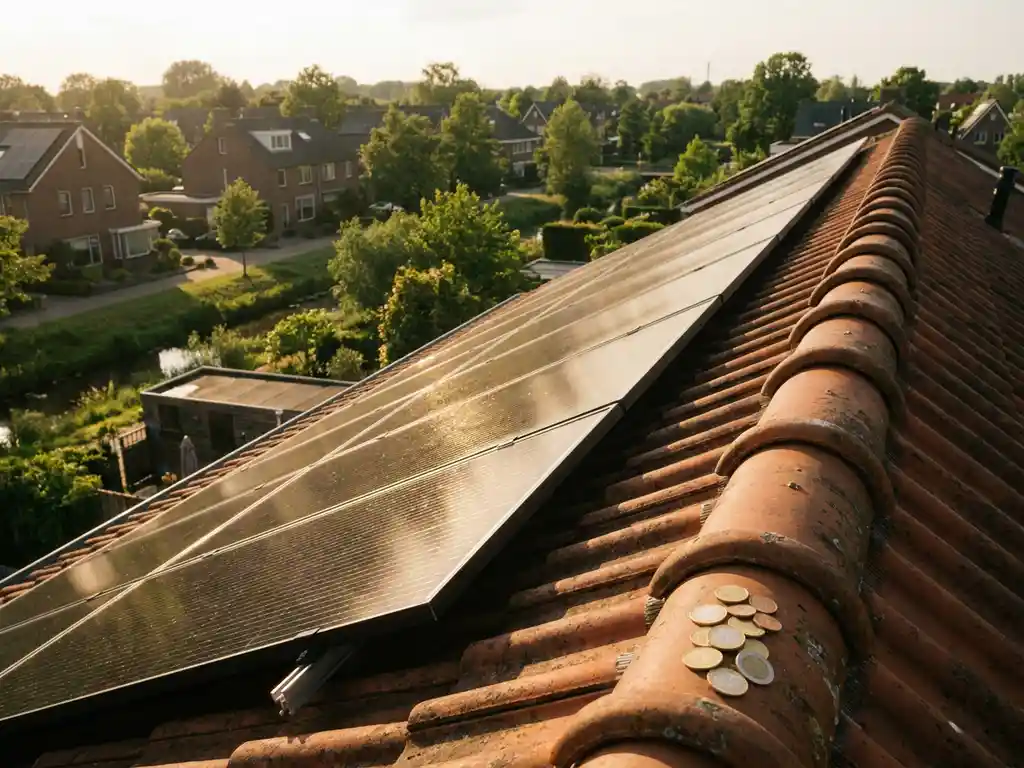 Tien zonnepanelen op een Nederlands woonhuis met euromunten op de dakpannen, symbool voor zonnepanelen subsidie.