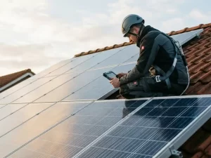 Elektricien inspecteert zonnepanelen op Nederlands woonhuis met terracotta dakpannen in ochtendlicht.