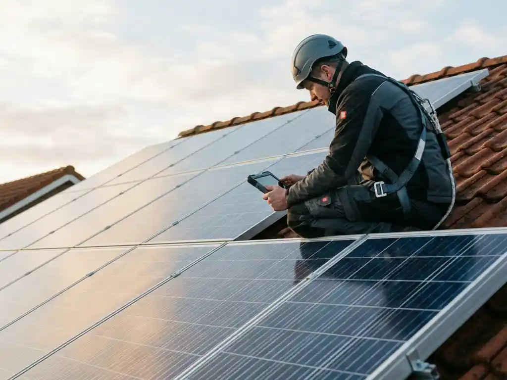 Elektricien inspecteert zonnepanelen op Nederlands woonhuis met terracotta dakpannen in ochtendlicht.