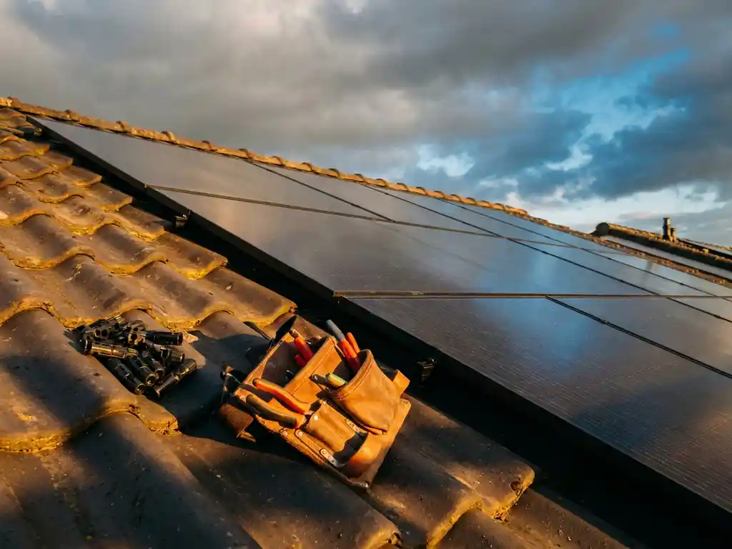Nieuw geïnstalleerd zonnepanelensysteem op Nederlands woonhuis met gereedschapsriem en kabelconnectoren op de dakpannen.