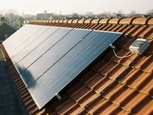 Acht zonnepanelen op een Nederlands pannendak met witte kabel naar zekeringkast, gouden middaglicht op marineblauwe fotovoltaïsche cellen.