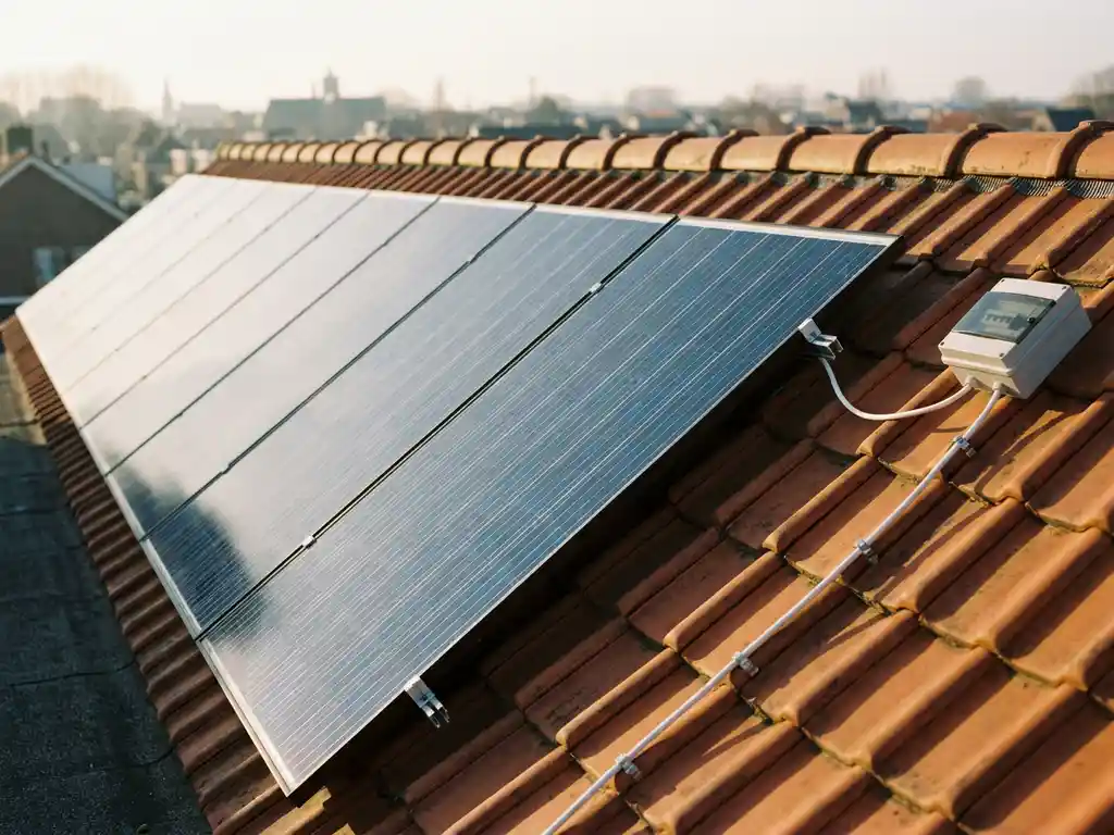 Acht zonnepanelen op een Nederlands pannendak met witte kabel naar zekeringkast, gouden middaglicht op marineblauwe fotovoltaïsche cellen.