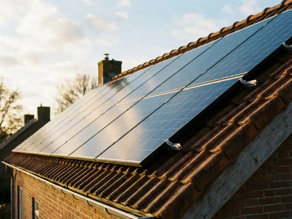Zonnepanelen op een Nederlands woonhuis met terracotta dakpannen onder een heldere middaglucht.