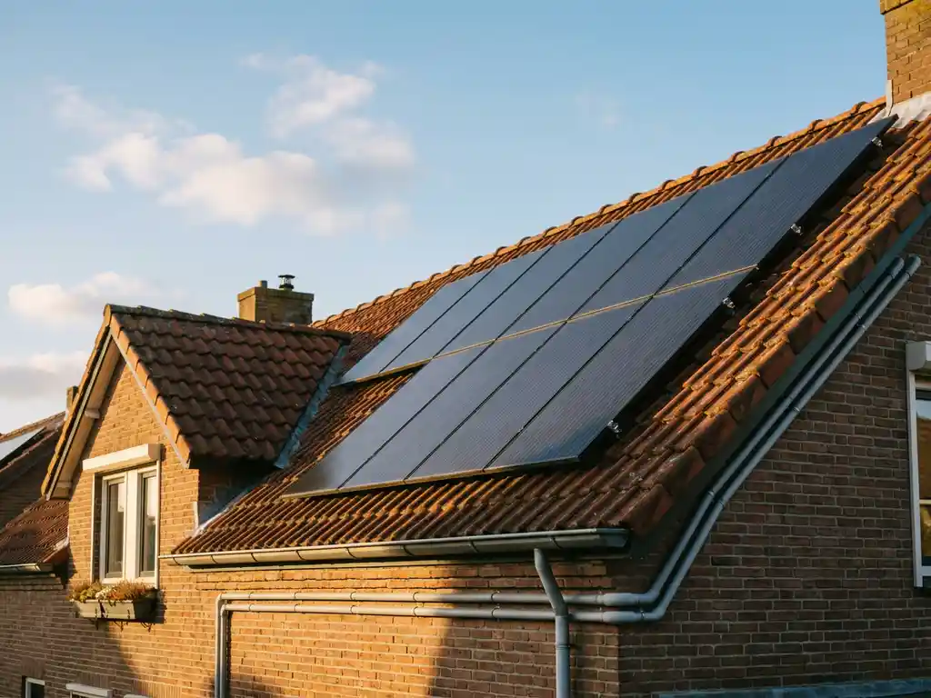 Tien zonnepanelen op het dak van een Nederlandse bakstenen woning, met blauwe lucht en zachte wolken op de achtergrond.