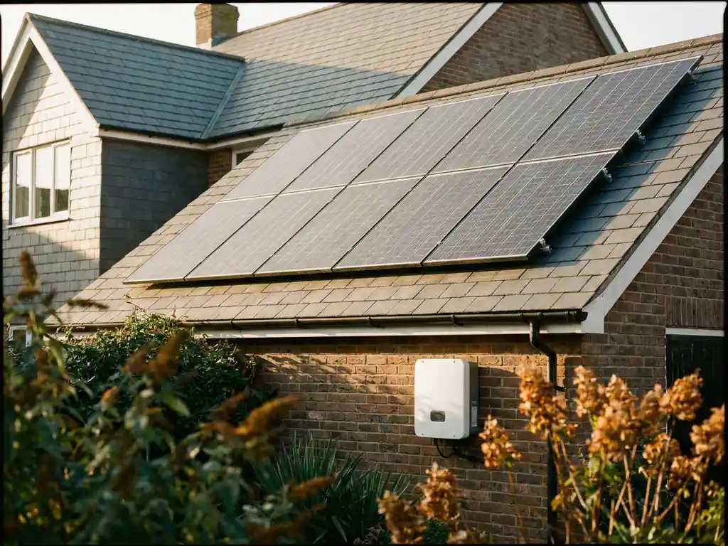 Tien zonnepanelen op een residentieel dak met een witte omvormer op bakstenen muur, gefotografeerd in warm middaglicht.