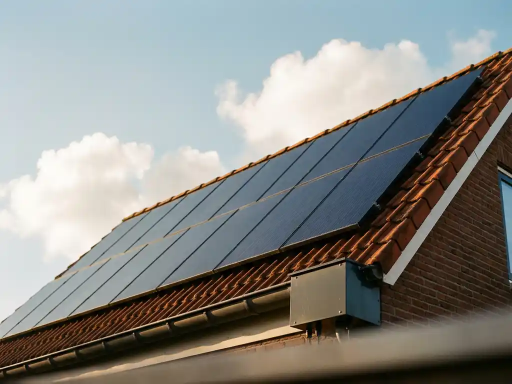 Zonnepanelen op Nederlands woonhuis met terracotta dakpannen, goudkleurig zonlicht en elektrische aansluitkast bij de dakrand.