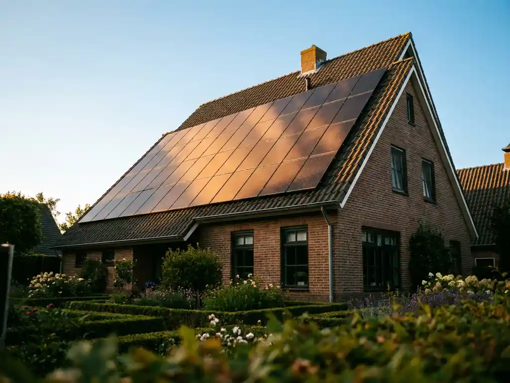Zwarte zonnepanelen op het dak van een Nederlandse woning, glinsterend in het middagzonlicht met een verzorgde tuin op de achtergrond.