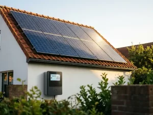 Acht zonnepanelen op een Nederlands woonhuis met terracotta dakpannen, elektriciteitsmeter op witte gevel toont teruglevering.