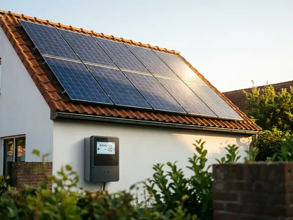 Acht zonnepanelen op een Nederlands woonhuis met terracotta dakpannen, elektriciteitsmeter op witte gevel toont teruglevering.