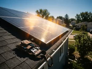 Zonnepanelen op residentieel dak in felle middagzon, gereedschapsriem op dakrand, woonwijk zichtbaar op achtergrond.