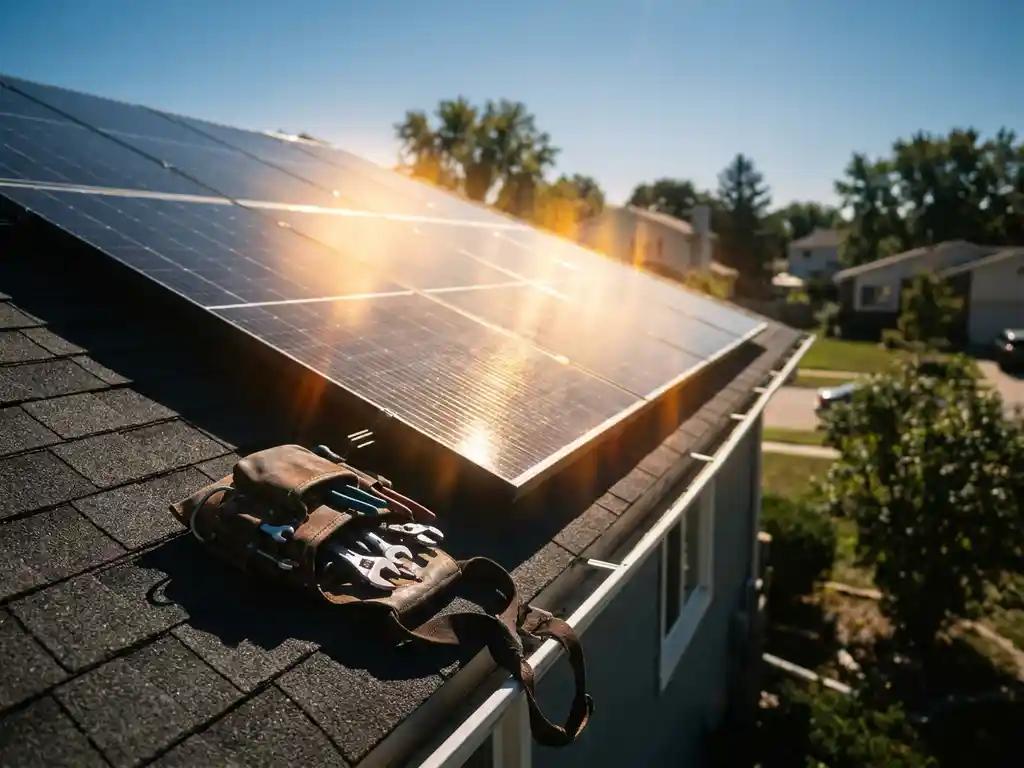 Zonnepanelen op residentieel dak in felle middagzon, gereedschapsriem op dakrand, woonwijk zichtbaar op achtergrond.