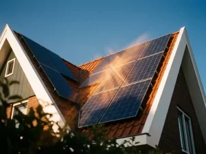 Zonnepanelen op een woonhuis met goudkleurig zonlicht dat weerkaatst op de fotovoltaïsche cellen, blauwe lucht op de achtergrond.