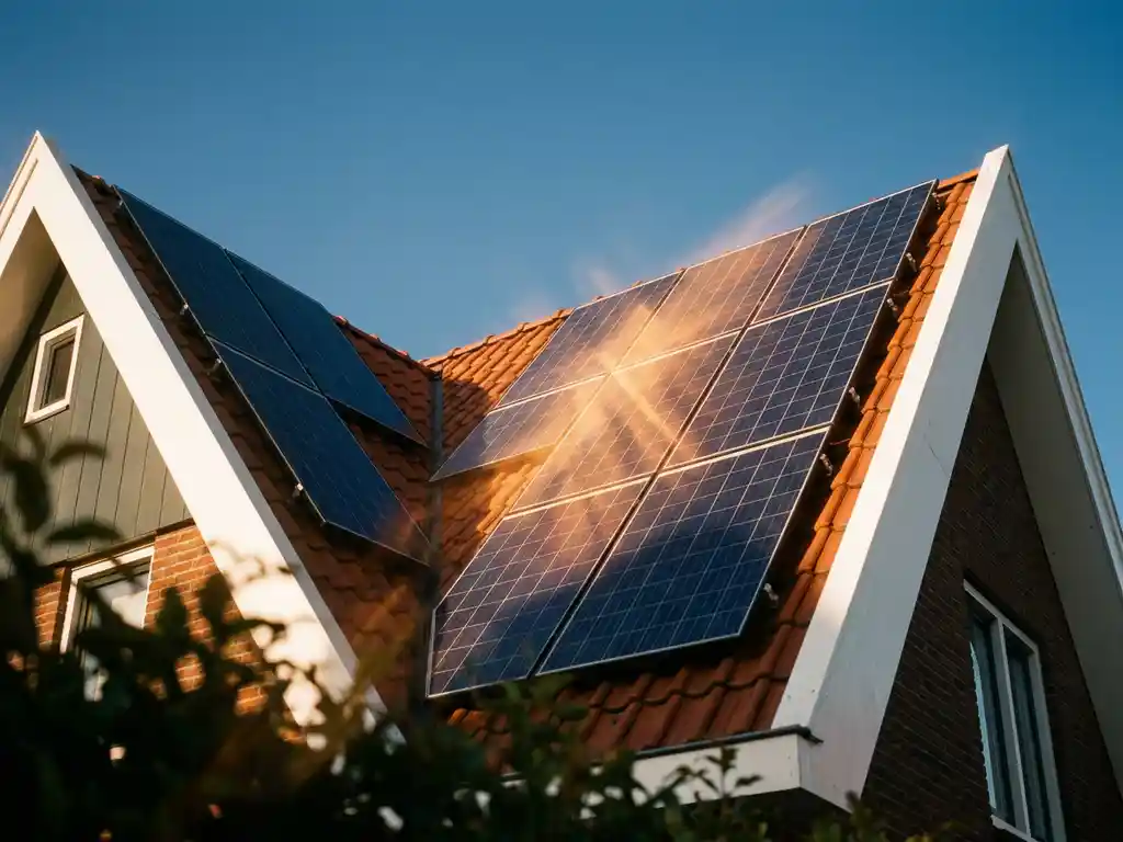 Zonnepanelen op een woonhuis met goudkleurig zonlicht dat weerkaatst op de fotovoltaïsche cellen, blauwe lucht op de achtergrond.