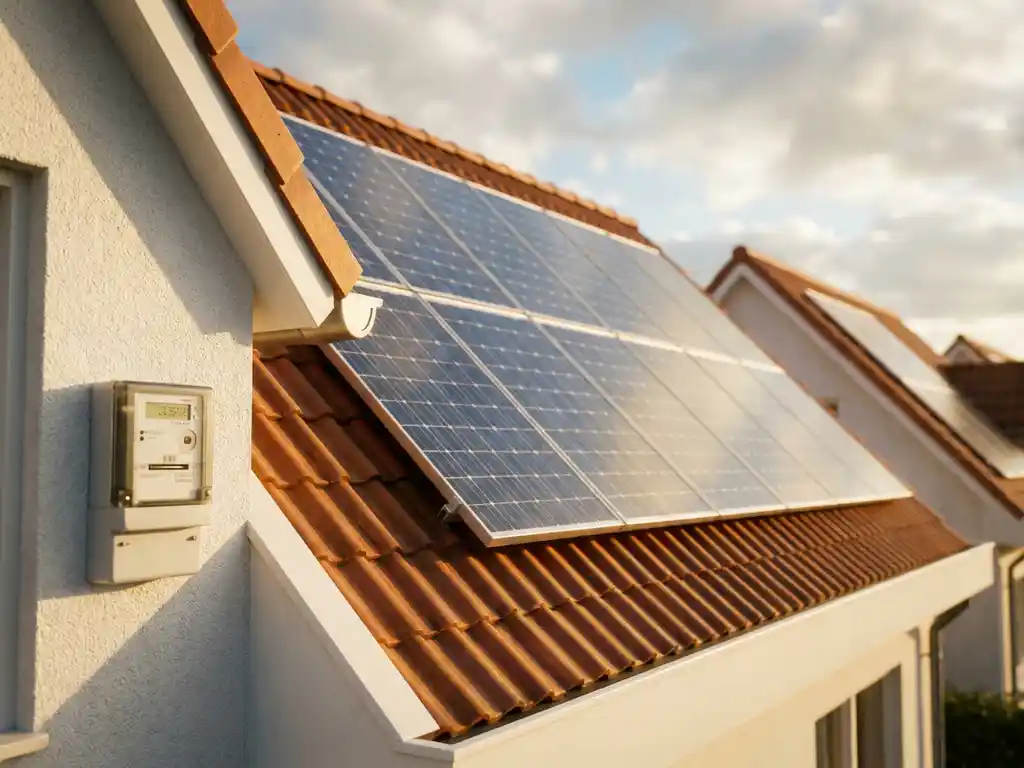 Zonnepanelen op Nederlands woonhuis met slimme elektriciteitsmeter aan witte muur, gefotografeerd vanuit lage hoek tegen bewolkte lucht.