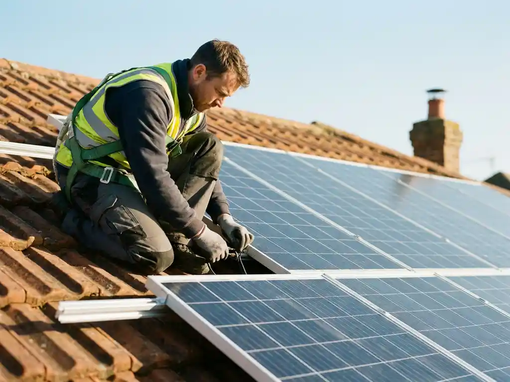 Gecertificeerde elektricien inspecteert bekabeling van zonnepanelen op Nederlands woonhuis met terracotta dakpannen in middagzon.