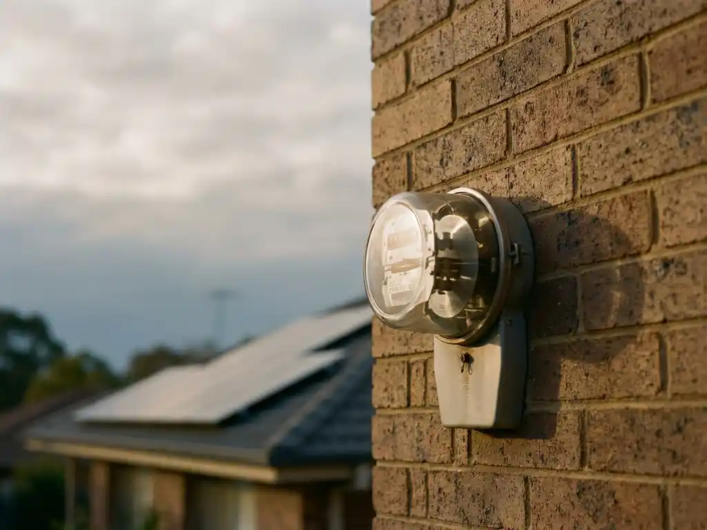 Zonnepanelen op woonhuis met traditionele elektriciteitsmeter aan buitenmuur in zacht Nederlands middaglicht.
