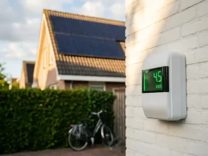 Digitale energiemeter op witte buitenmuur onder zonnepanelen op Nederlands woonhuis in middagzon.