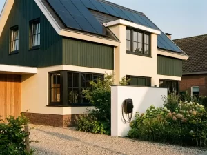 Moderne Nederlandse woning met zonnepanelen op het dak en een EV-laadpaal aan een witte buitenmuur naast een groene tuin.