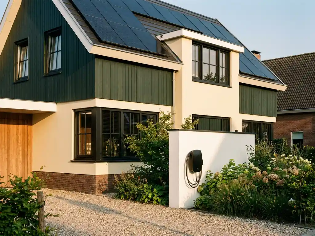 Moderne Nederlandse woning met zonnepanelen op het dak en een EV-laadpaal aan een witte buitenmuur naast een groene tuin.