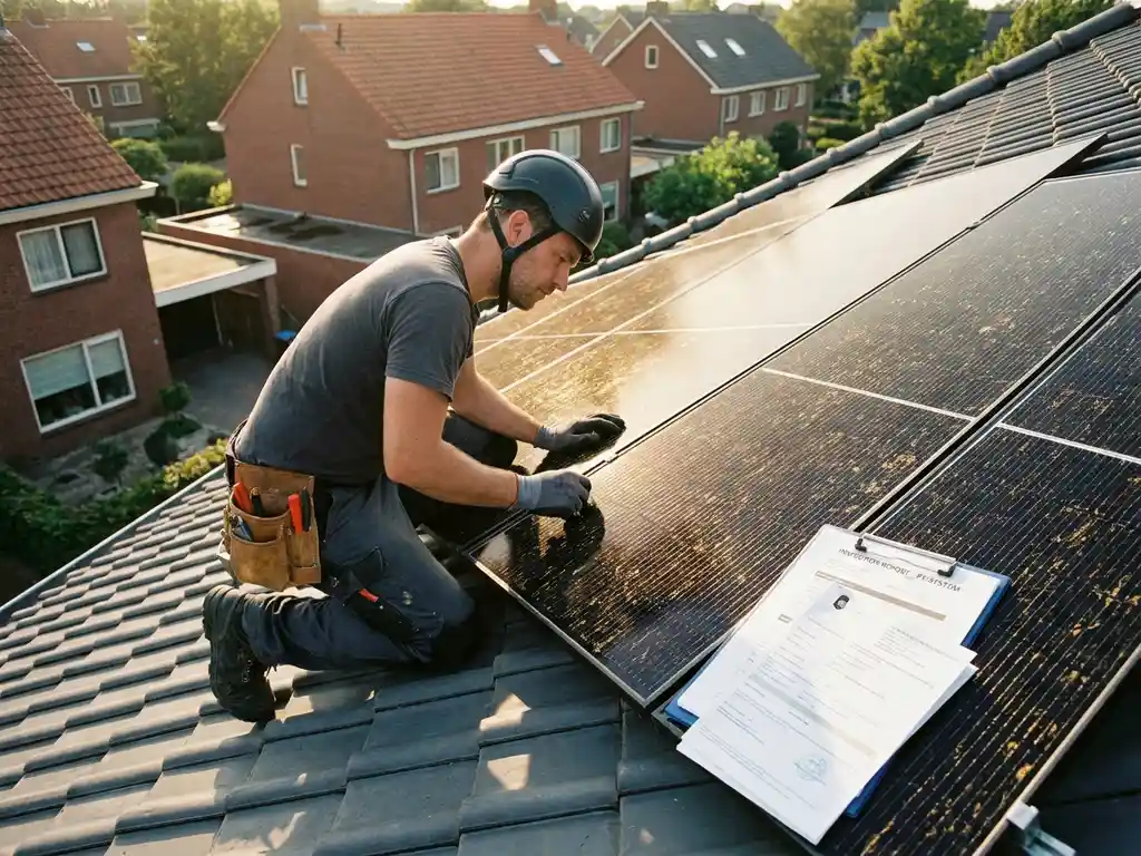 Gecertificeerde elektricien inspecteert zonnepanelen op rood bakstenen woonhuis in Nederland, klembord met documenten tegen panelen.
