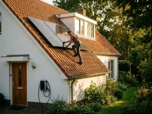 Elektricien installeert zonnepanelen op terracotta pannendak van Nederlandse woning, EV-laadpaal zichtbaar bij de voordeur in avondlicht.