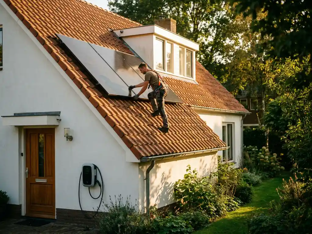 Elektricien installeert zonnepanelen op terracotta pannendak van Nederlandse woning, EV-laadpaal zichtbaar bij de voordeur in avondlicht.