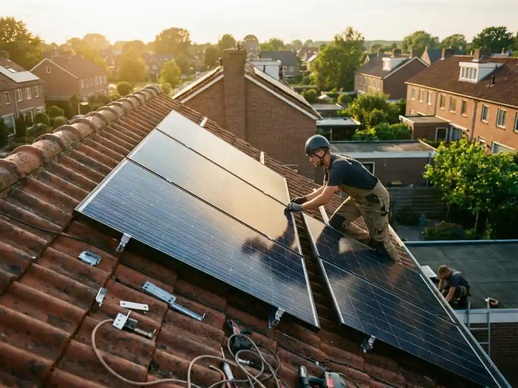 Technicus installeert vier zonnepanelen op een Nederlands woonhuis met terracotta dakpannen in warm middaglicht.