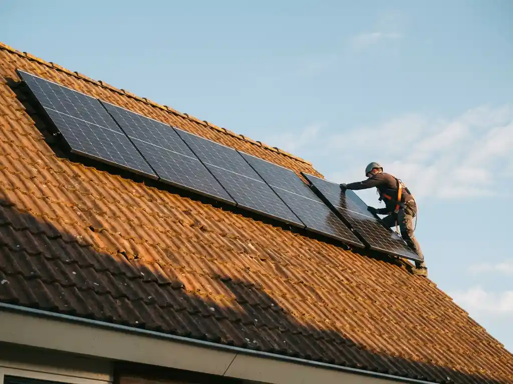 Technicus met veiligheidsharnas installeert zonnepanelen op Nederlands woonhuis met terracotta dakpannen in middagzon.