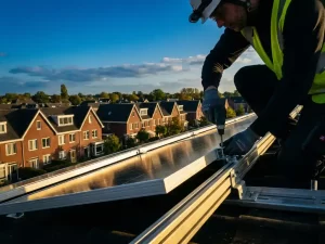 Elektricien installeert zonnepanelen op woning in Nederlandse buitenwijk tijdens zonnige middag.