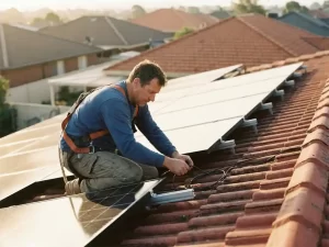 Elektricien sluit bedrading aan op zonnepanelen gemonteerd op rood Hollands pannendak tijdens warme middagzon.