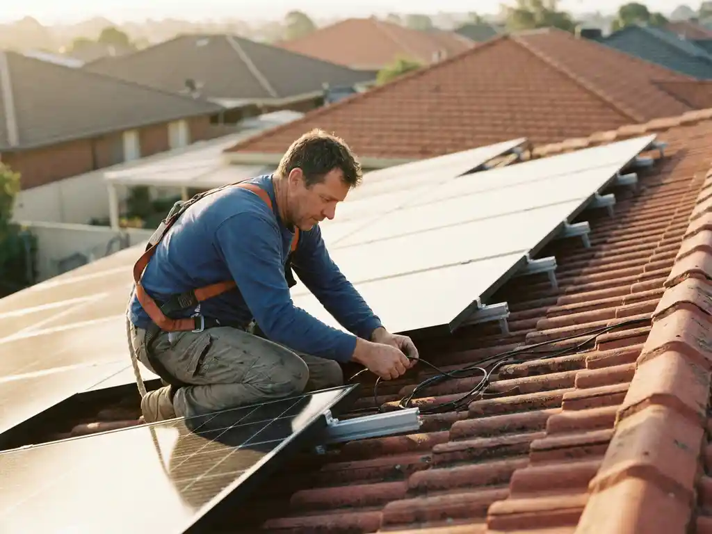 Elektricien sluit bedrading aan op zonnepanelen gemonteerd op rood Hollands pannendak tijdens warme middagzon.