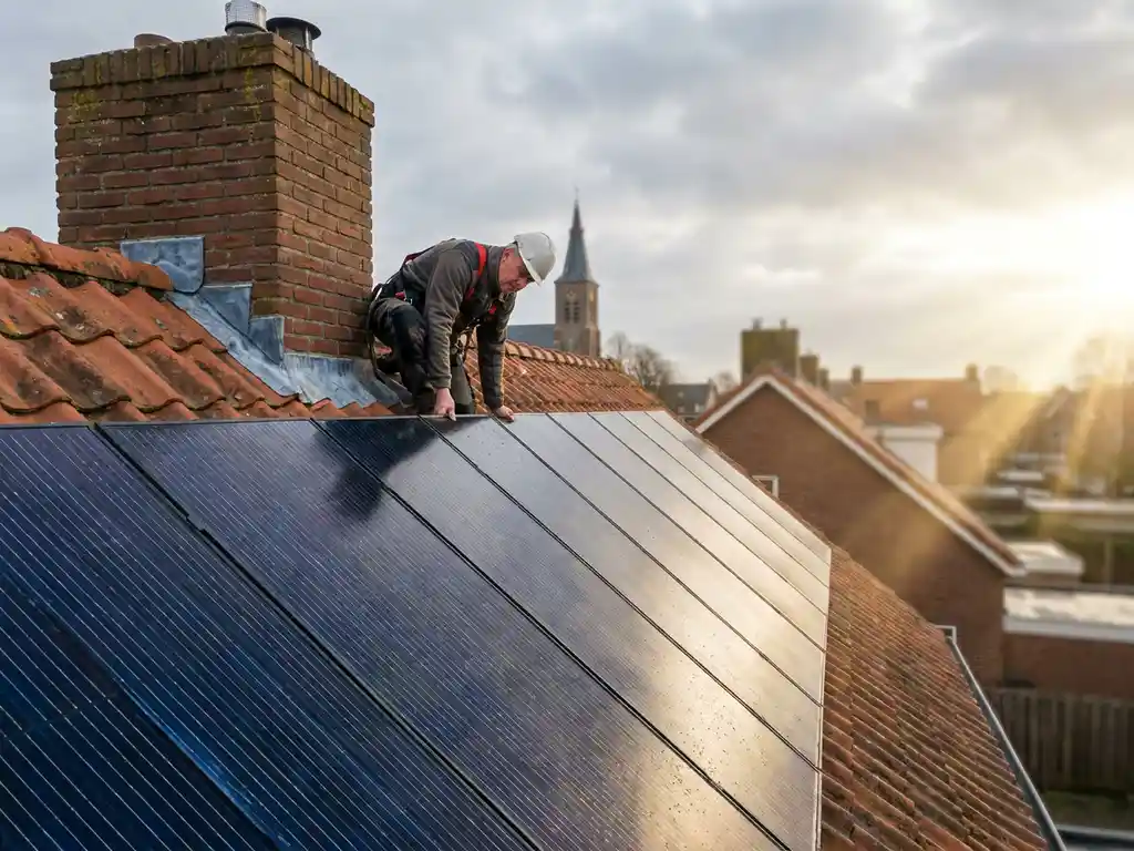 Elektricien inspecteert zonnepanelen op rood bakstenen woonhuisdak in Nederland, gouden zonlicht breekt door bewolkte lucht.
