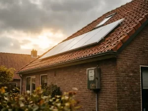 Zonnepanelen op Nederlands woonhuis met elektriciteitsmeter op bakstenen gevel, zachte bewolkte lucht met warme middaglichtstralen.