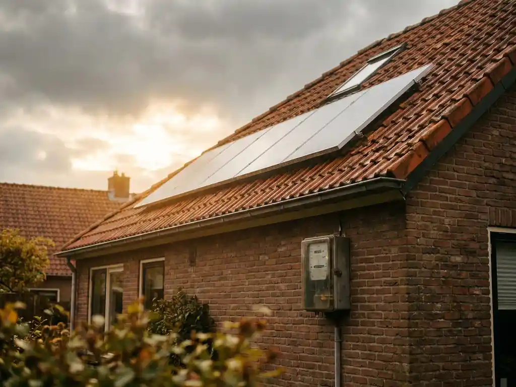 Zonnepanelen op Nederlands woonhuis met elektriciteitsmeter op bakstenen gevel, zachte bewolkte lucht met warme middaglichtstralen.
