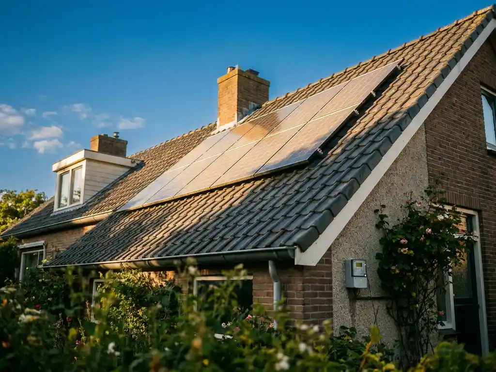 Zes zonnepanelen op een Nederlands woonhuis in warm middaglicht, met een energiemeter aan de buitenmuur en groene tuin.