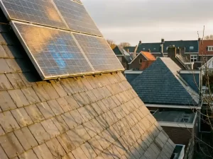 Zonnepanelen op Nederlands woonhuisdak in middagzon, omringd door buurtdaken onder licht bewolkte hemel.