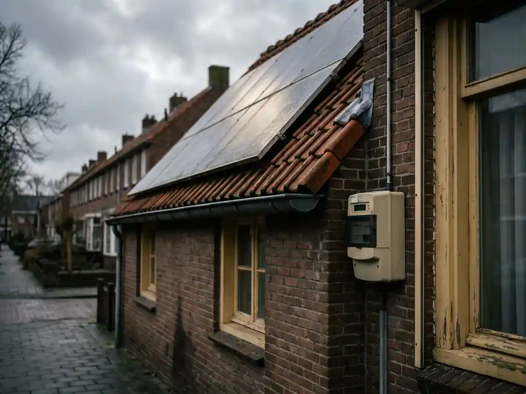 Zonnepanelen op een Nederlands woonhuis met bewolkte winterlucht, terracotta dakpannen en een nabijgelegen elektriciteitsmeter.