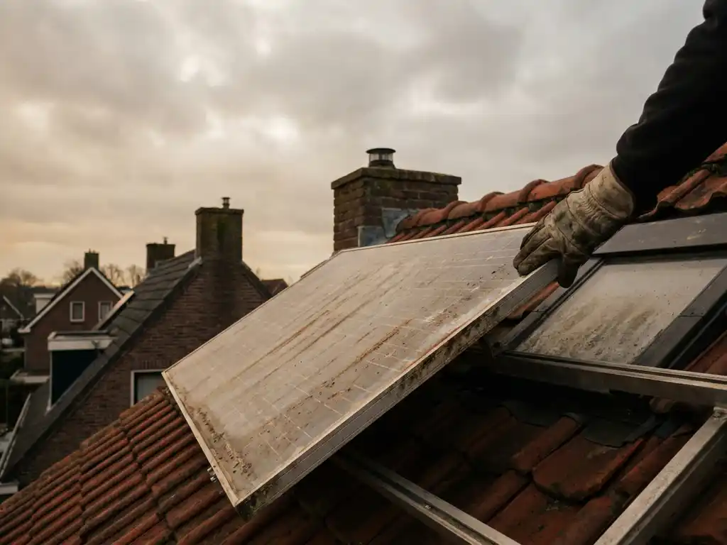 Verweerd zonnepaneel op Nederlands woonhuis met technicus die gemonteerde rand inspecteert, bewolkte lucht op achtergrond.