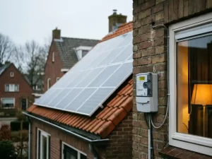 Zonnepanelen op een Nederlands woonhuis met slimme energiemeter op bakstenen gevel en warm licht door het raam.