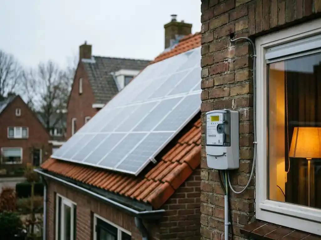Zonnepanelen op een Nederlands woonhuis met slimme energiemeter op bakstenen gevel en warm licht door het raam.