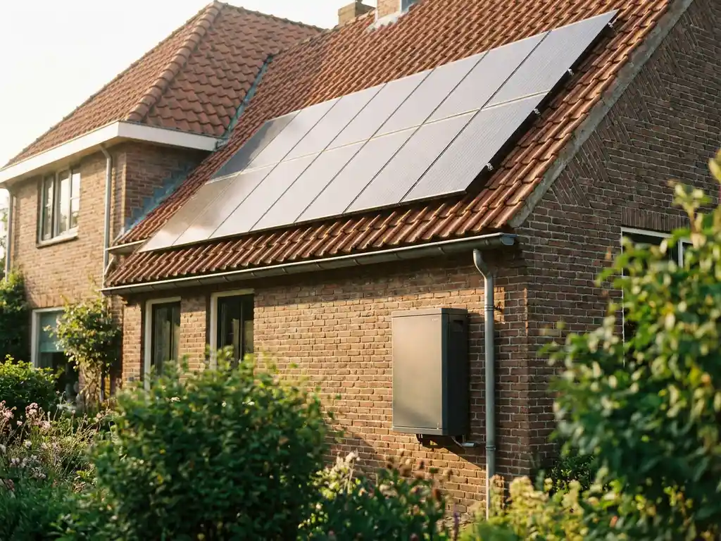 Acht zonnepanelen op een Nederlands pannendak met een thuisbatterij op de bakstenen buitenmuur, gefotografeerd vanuit de tuin.