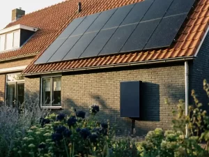 Tien zonnepanelen op een Nederlands woonhuis met een zwarte thuisbatterij aan de bakstenen buitenmuur in middagzon.