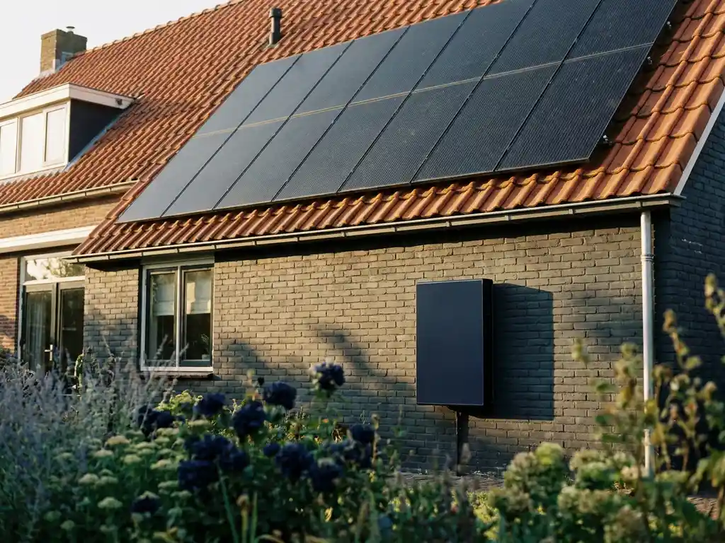 Tien zonnepanelen op een Nederlands woonhuis met een zwarte thuisbatterij aan de bakstenen buitenmuur in middagzon.