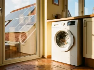 Witte wasmachine in werking naast zonnig keukenraam met zonnepanelen op het dak zichtbaar, warme middagzon op tegelvloer.