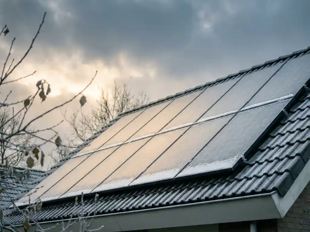 Tien zonnepanelen op bevroren Nederlands woonhuis dak met lichte sneeuw, bewolkte winterlucht en kale boomtakken op de achtergrond.