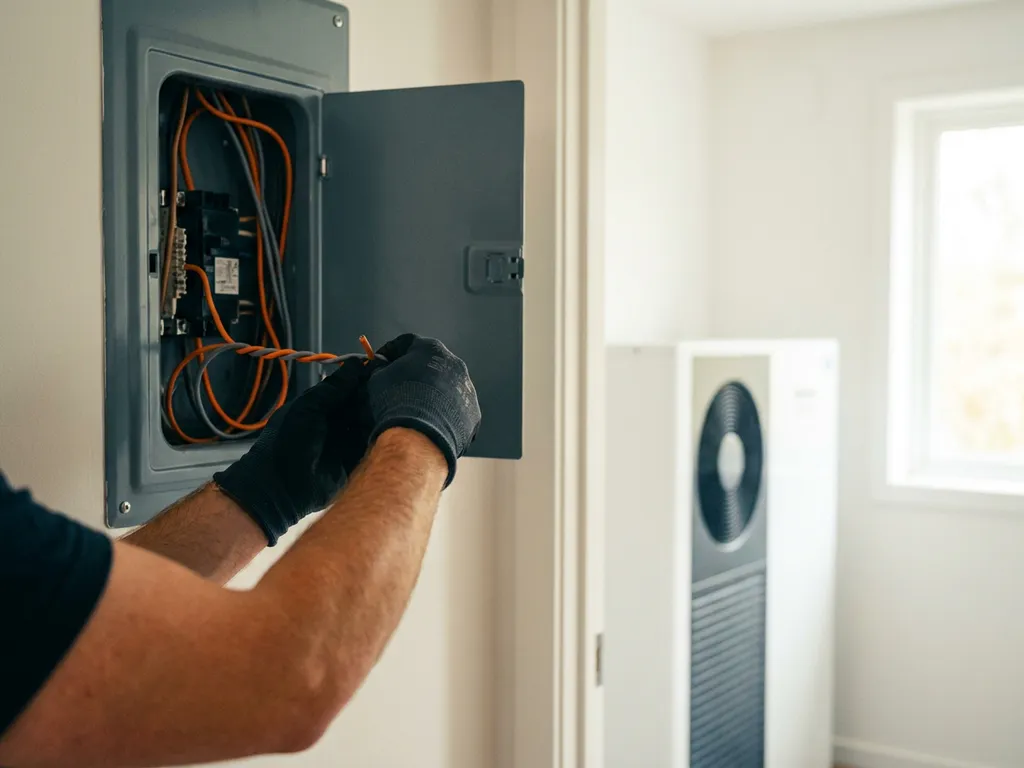 Elektricien sluit bedrading aan in open zekeringkast, met hybride warmtepomp op de achtergrond in Nederlandse woning.