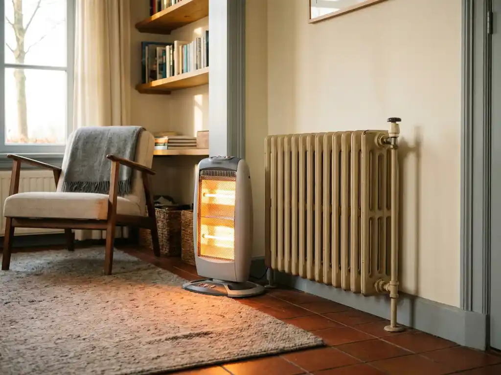 Elektrische kachel met oranje gloed naast een witte centrale verwarming radiator in een gezellige Nederlandse woonkamer.