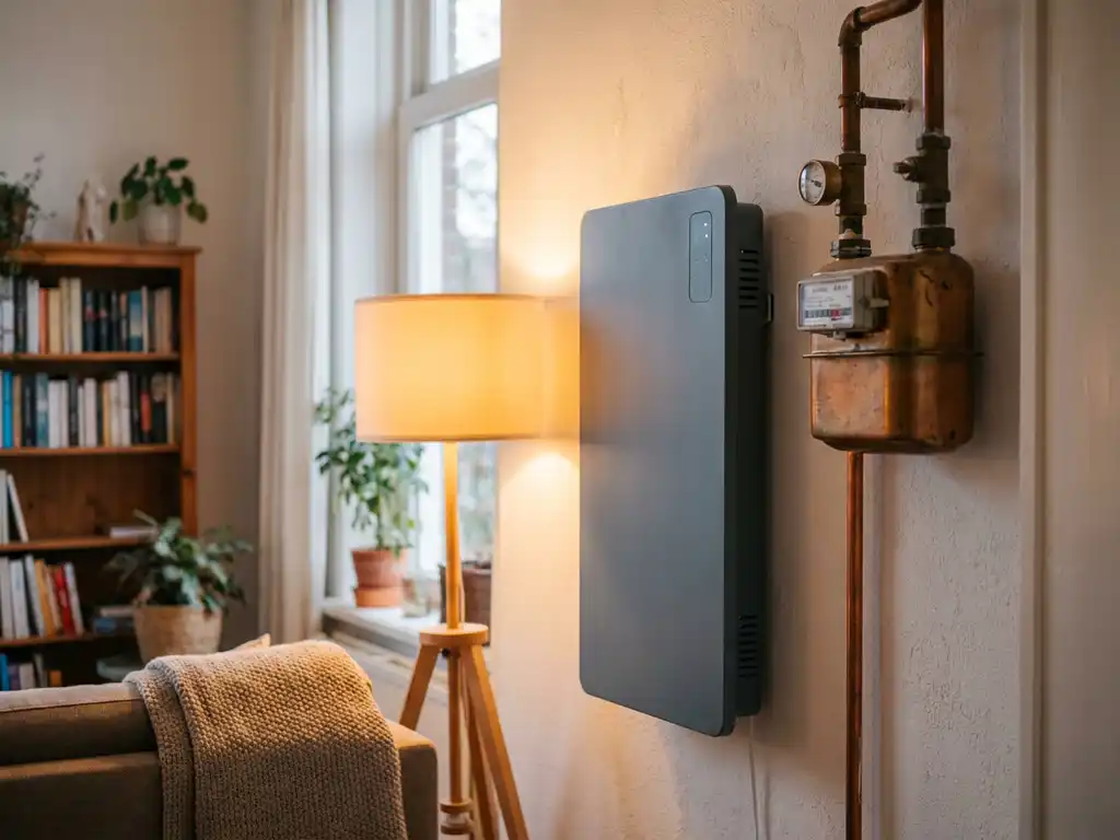 Elektrische paneelverwarming naast gasmeter met koperen leidingen in een gezellige Nederlandse woonkamer.